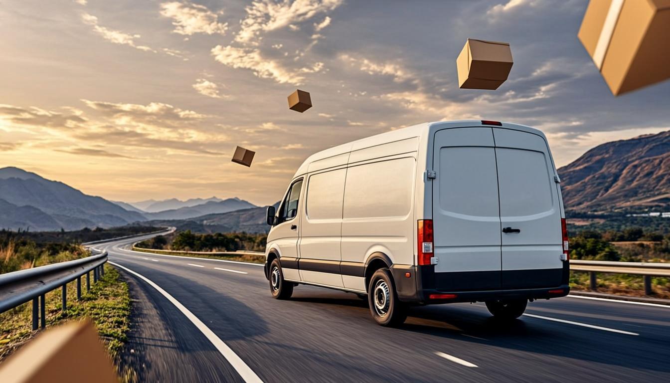 Top Courier Service delivery van on a mountain highway at golden hour