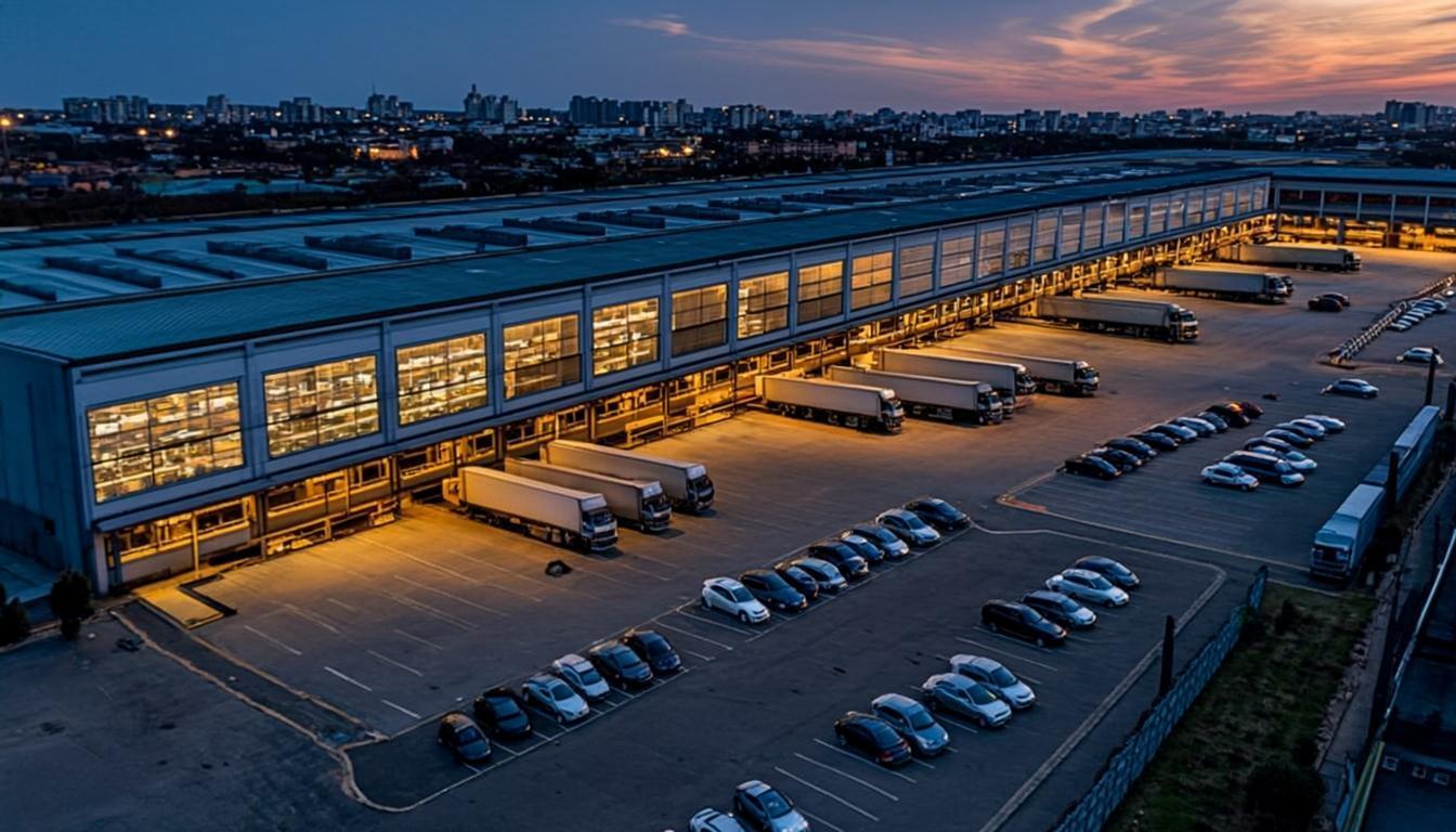 Top Courier Service distribution warehouse at dusk
